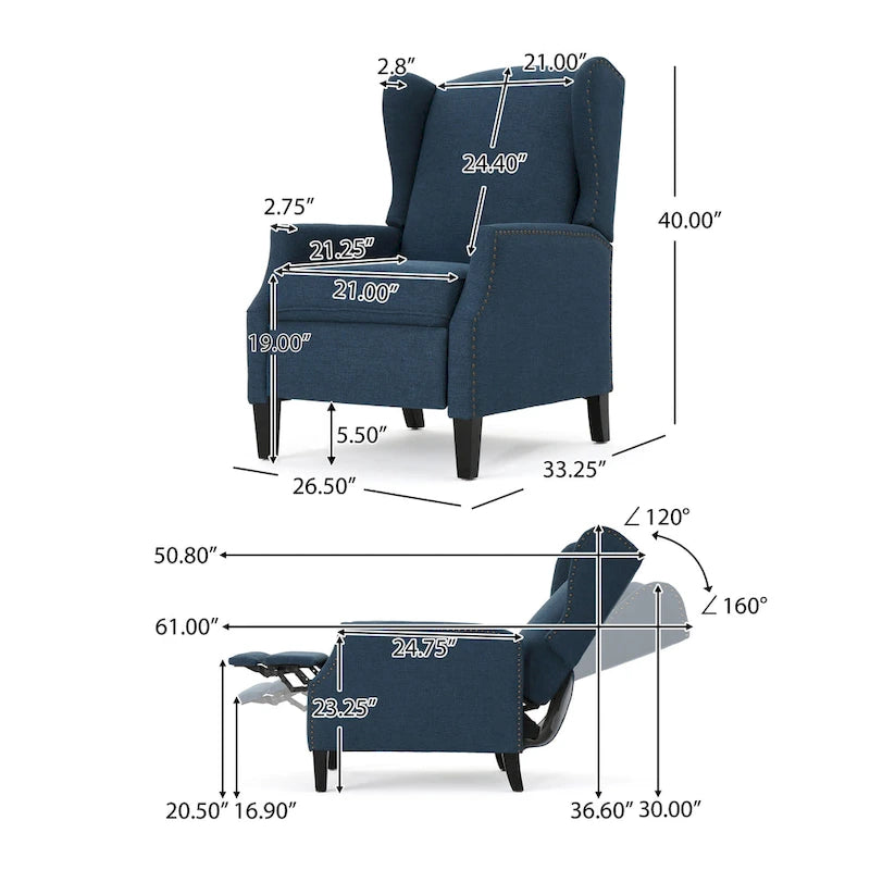 Fauteuil inclinable à oreilles, une place, coloris Blé / Bleu marine