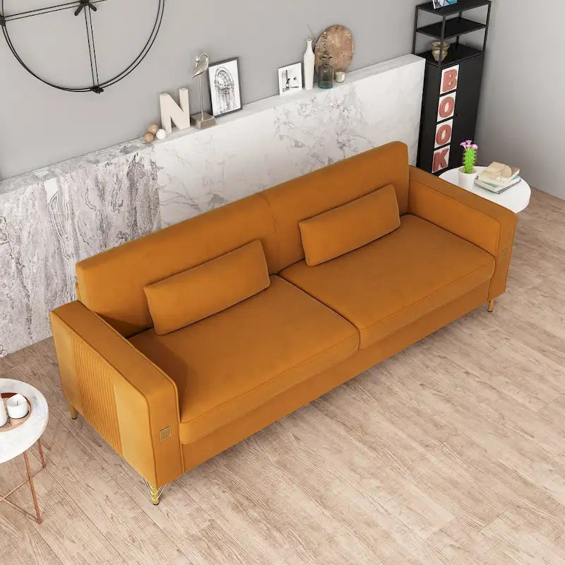 Canapé 3 places en velours orange avec pieds en métal doré