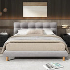 Lit plateforme rembourré gris format queen avec tête de lit en forme de biscuit, pour 2 personnes
