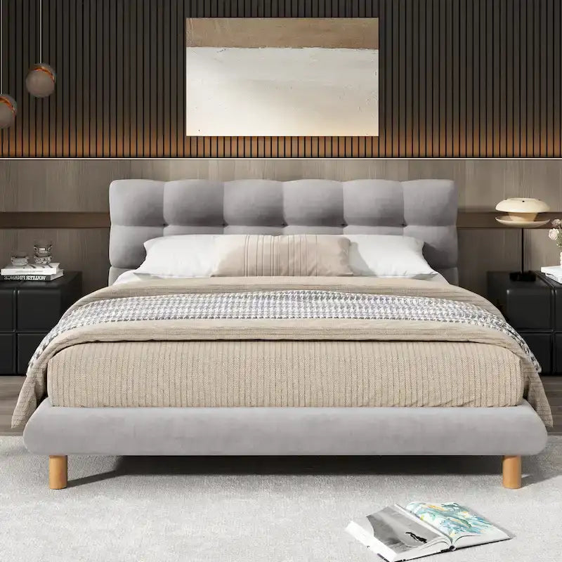 Lit plateforme rembourré gris format queen avec tête de lit en forme de biscuit, pour 2 personnes