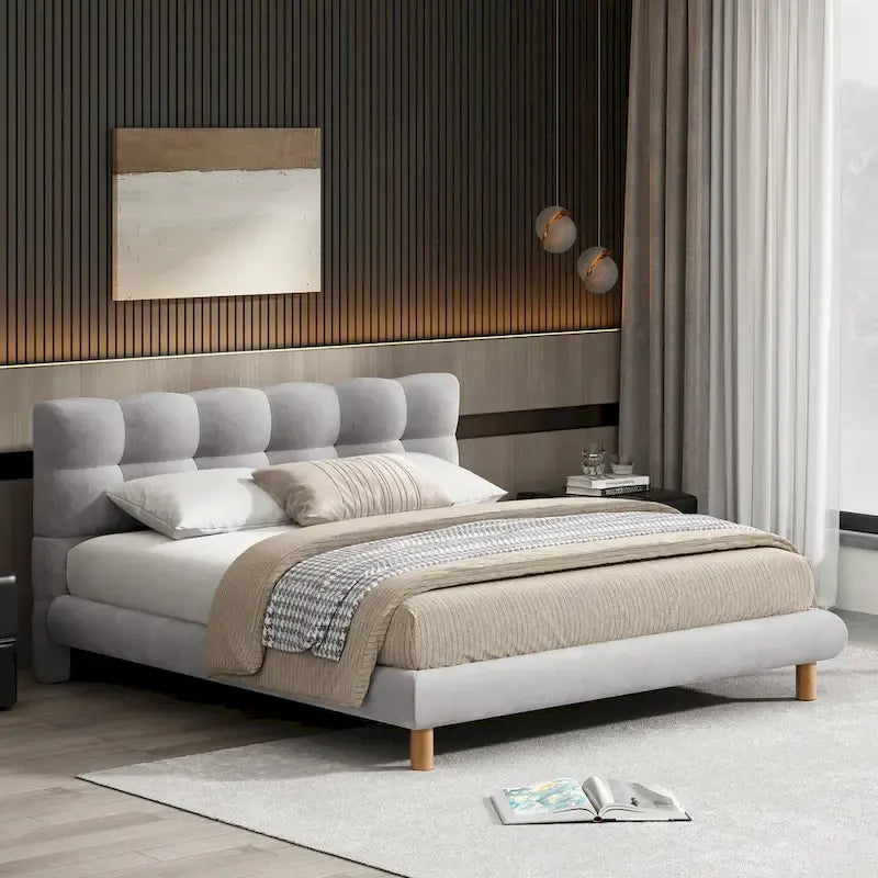 Lit plateforme rembourré gris format queen avec tête de lit en forme de biscuit, pour 2 personnes