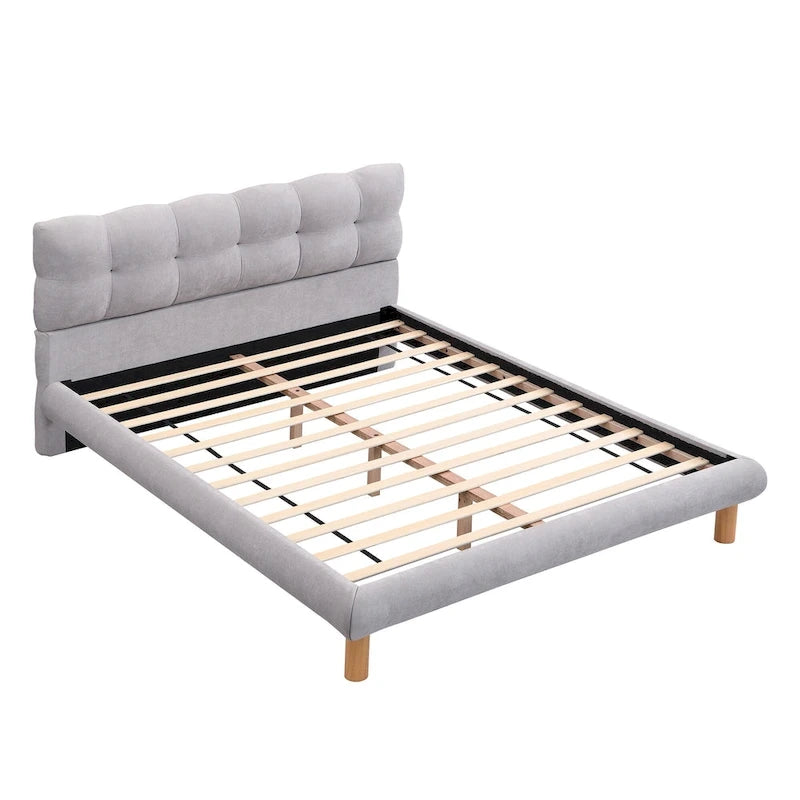 Lit plateforme rembourré gris format queen avec tête de lit en forme de biscuit, pour 2 personnes