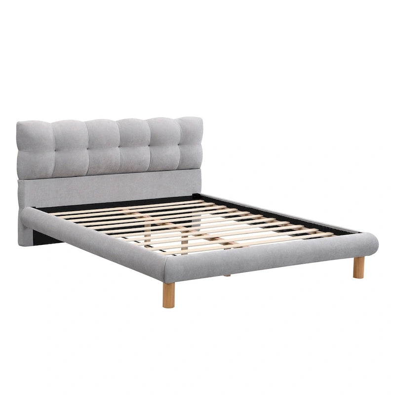 Lit plateforme rembourré gris format queen avec tête de lit en forme de biscuit, pour 2 personnes