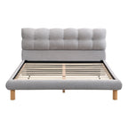 Lit plateforme rembourré gris format queen avec tête de lit en forme de biscuit, pour 2 personnes