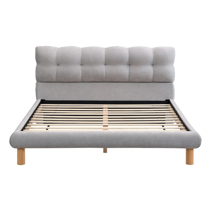 Lit plateforme rembourré gris format queen avec tête de lit en forme de biscuit, pour 2 personnes