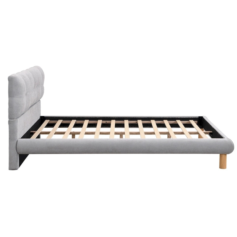 Lit plateforme rembourré gris format queen avec tête de lit en forme de biscuit, pour 2 personnes