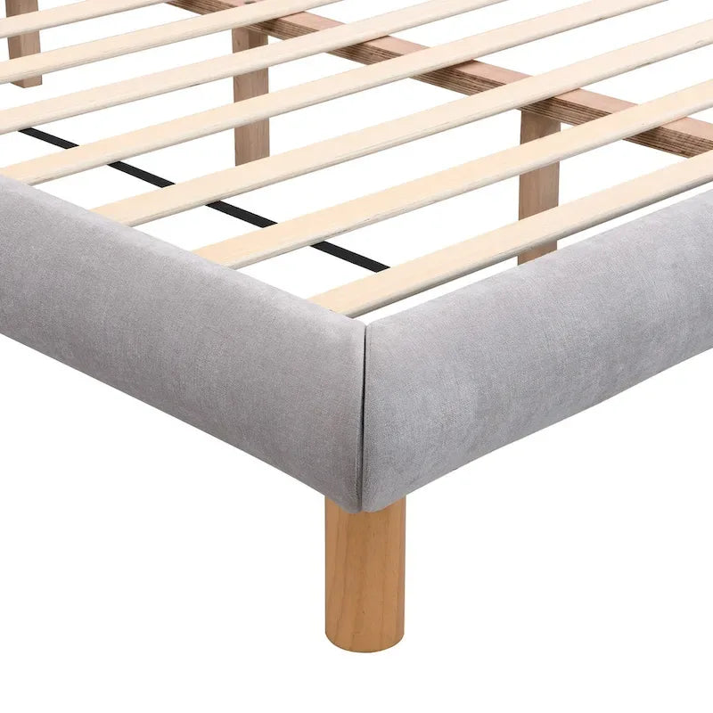 Lit plateforme rembourré gris format queen avec tête de lit en forme de biscuit, pour 2 personnes