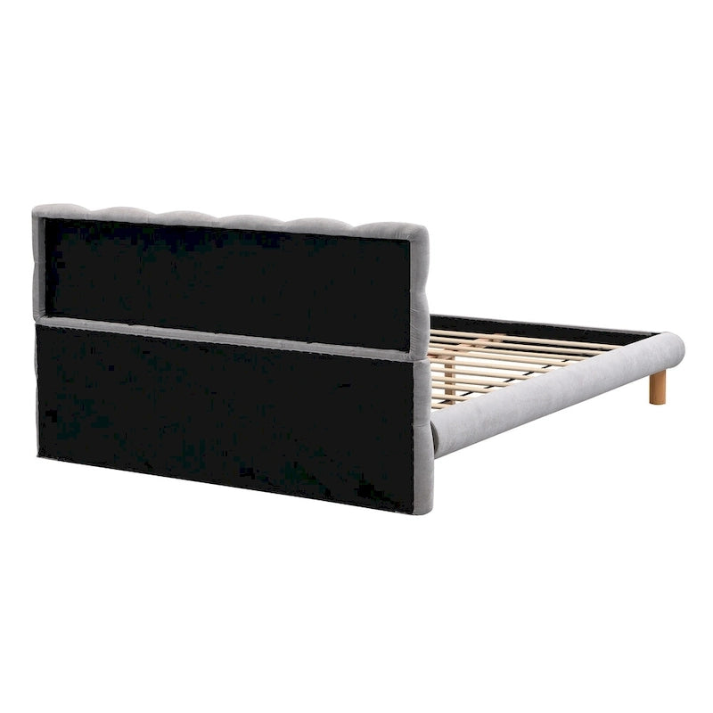 Lit plateforme rembourré gris format queen avec tête de lit en forme de biscuit, pour 2 personnes