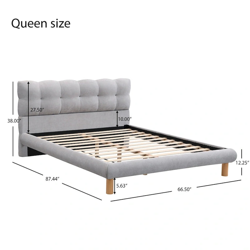 Lit plateforme rembourré gris format queen avec tête de lit en forme de biscuit, pour 2 personnes