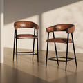 Tabourets de bar en PU marron, lot de 2, avec cadre en fer, dossier et repose-pieds