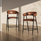 Tabourets de bar en PU marron, lot de 2, avec cadre en fer, dossier et repose-pieds