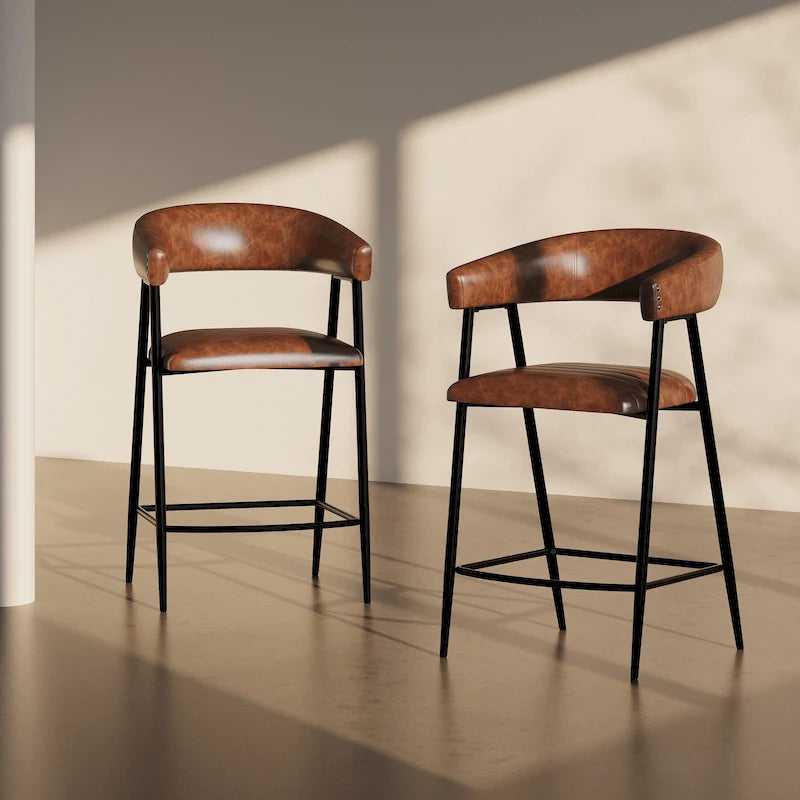 Tabourets de bar en PU marron, lot de 2, avec cadre en fer, dossier et repose-pieds
