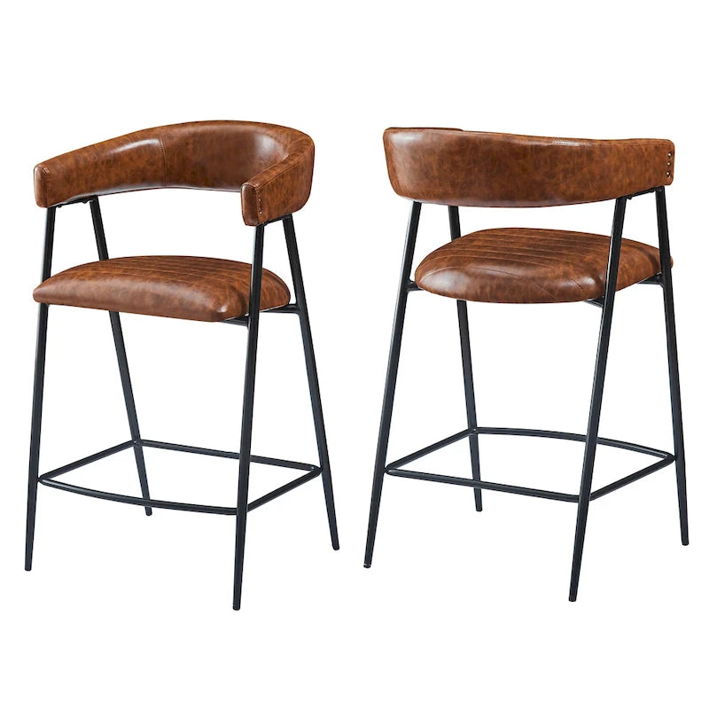 Tabourets de bar en PU marron, lot de 2, avec cadre en fer, dossier et repose-pieds