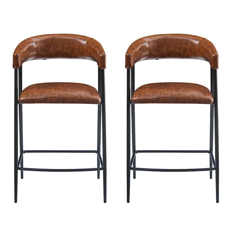 Tabourets de bar en PU marron, lot de 2, avec cadre en fer, dossier et repose-pieds
