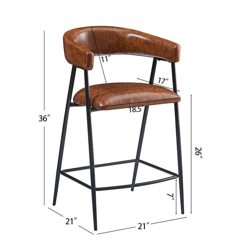 Tabourets de bar en PU marron, lot de 2, avec cadre en fer, dossier et repose-pieds