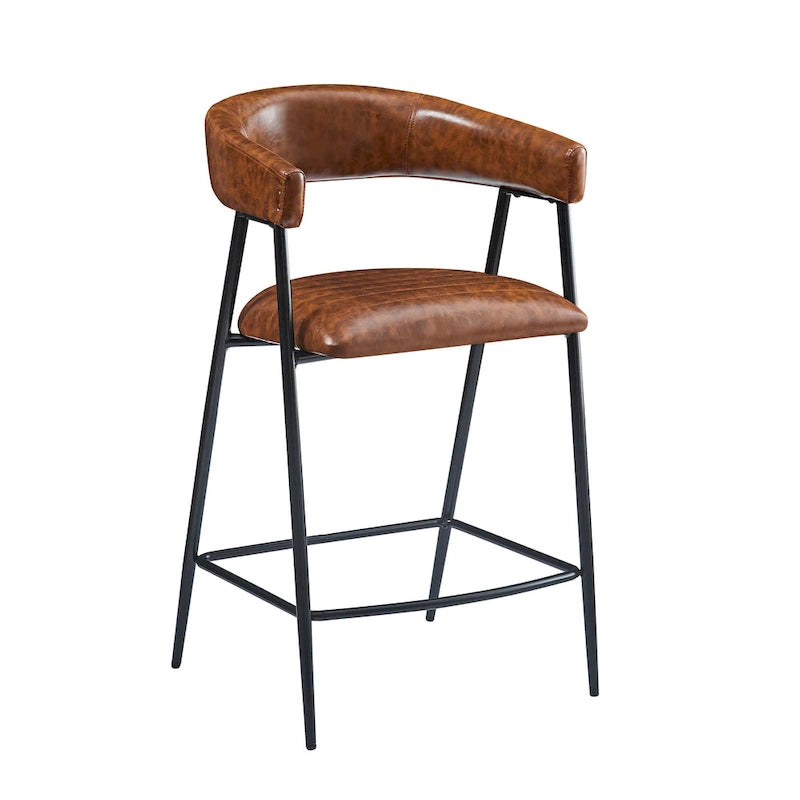 Tabourets de bar en PU marron, lot de 2, avec cadre en fer, dossier et repose-pieds