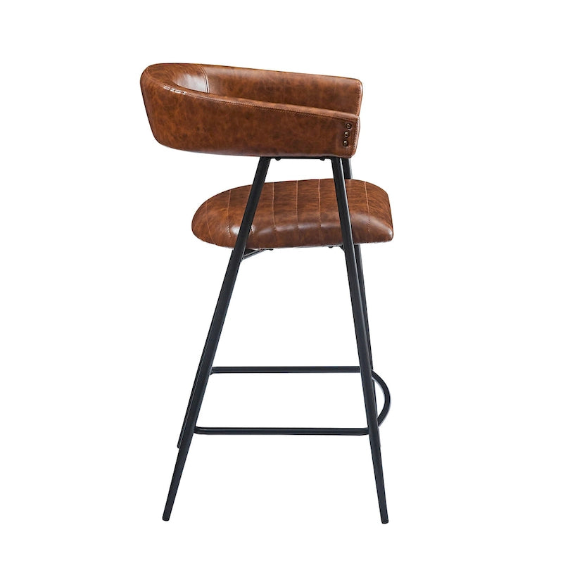 Tabourets de bar en PU marron, lot de 2, avec cadre en fer, dossier et repose-pieds