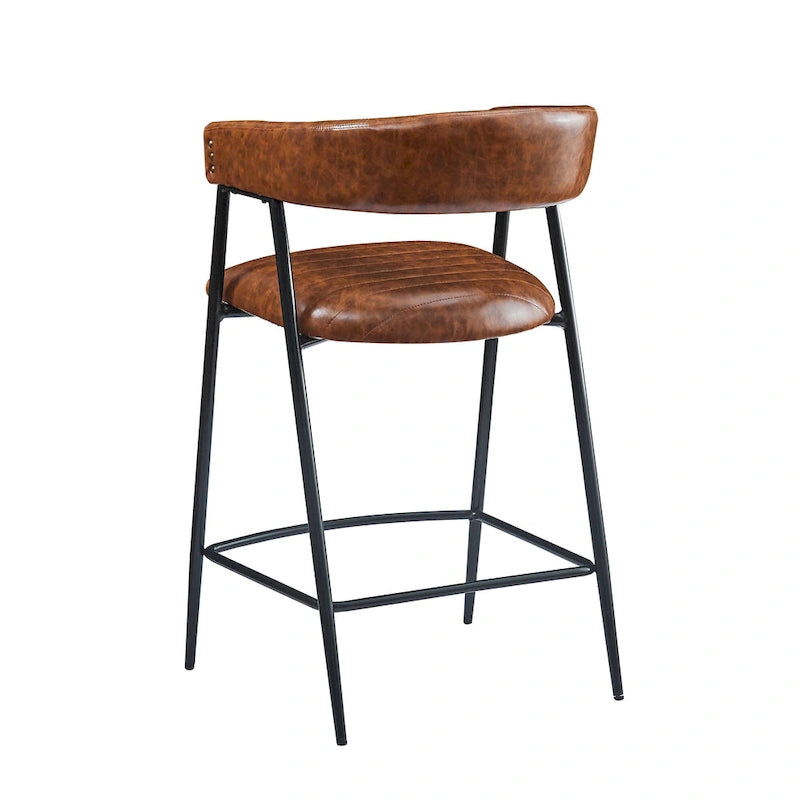 Tabourets de bar en PU marron, lot de 2, avec cadre en fer, dossier et repose-pieds