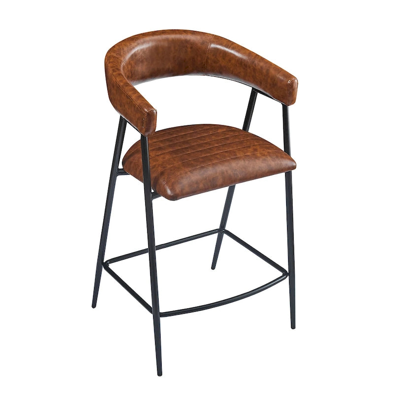 Tabourets de bar en PU marron, lot de 2, avec cadre en fer, dossier et repose-pieds