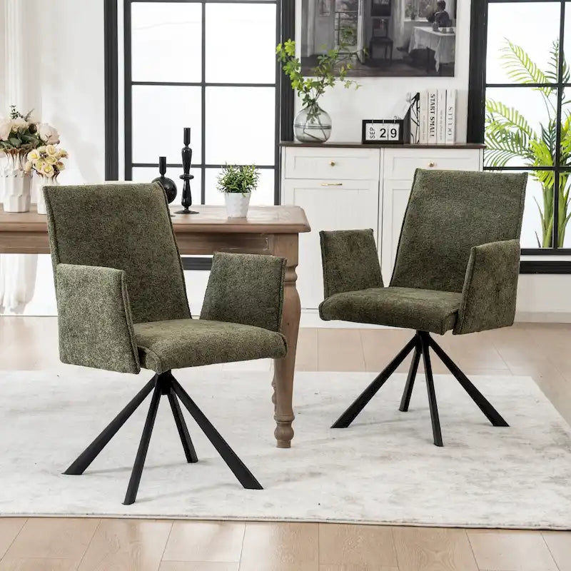 Chaise de salle à manger pivotante en bouclette beige/vert avec accoudoirs ouverts, vendue à l'unité ou par lot de 2
