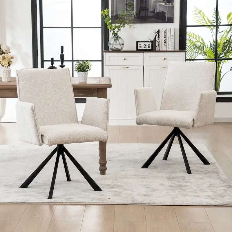 Chaise de salle à manger pivotante en bouclette beige/vert avec accoudoirs ouverts, vendue à l'unité ou par lot de 2