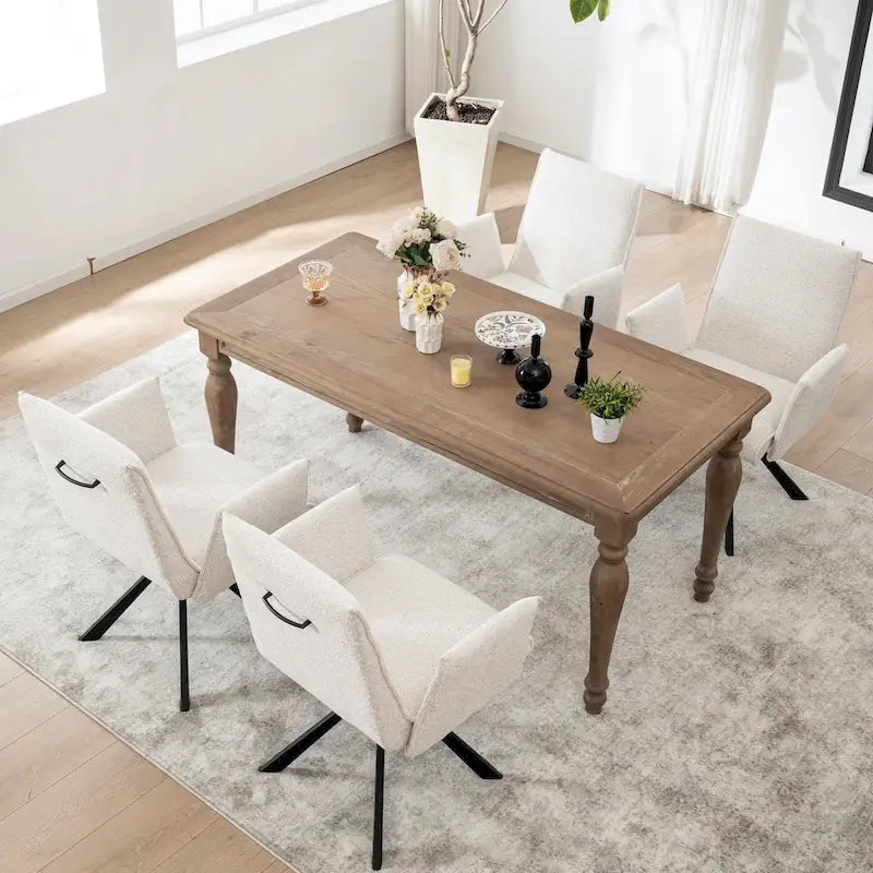 Chaise de salle à manger pivotante en bouclette beige/vert avec accoudoirs ouverts, vendue à l'unité ou par lot de 2