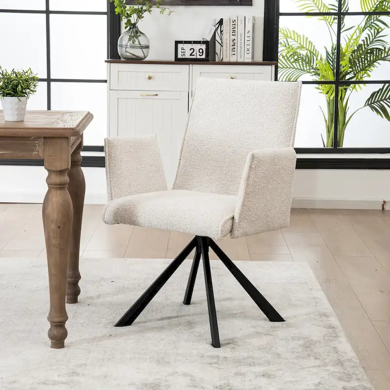Chaise de salle à manger pivotante en bouclette beige/vert avec accoudoirs ouverts, vendue à l'unité ou par lot de 2