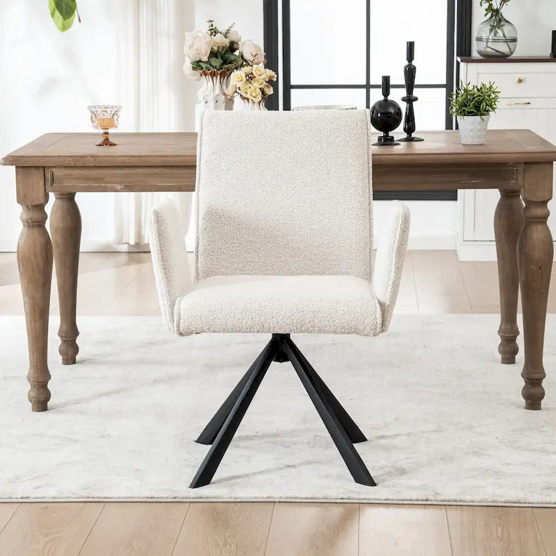 Chaise de salle à manger pivotante en bouclette beige/vert avec accoudoirs ouverts, vendue à l'unité ou par lot de 2