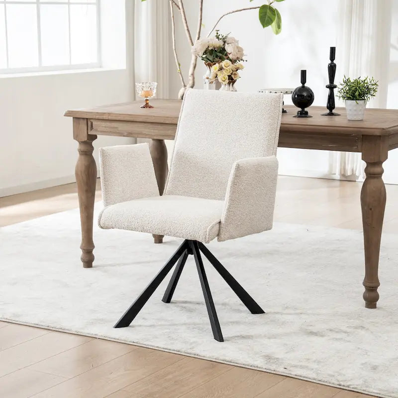 Chaise de salle à manger pivotante en bouclette beige/vert avec accoudoirs ouverts, vendue à l'unité ou par lot de 2
