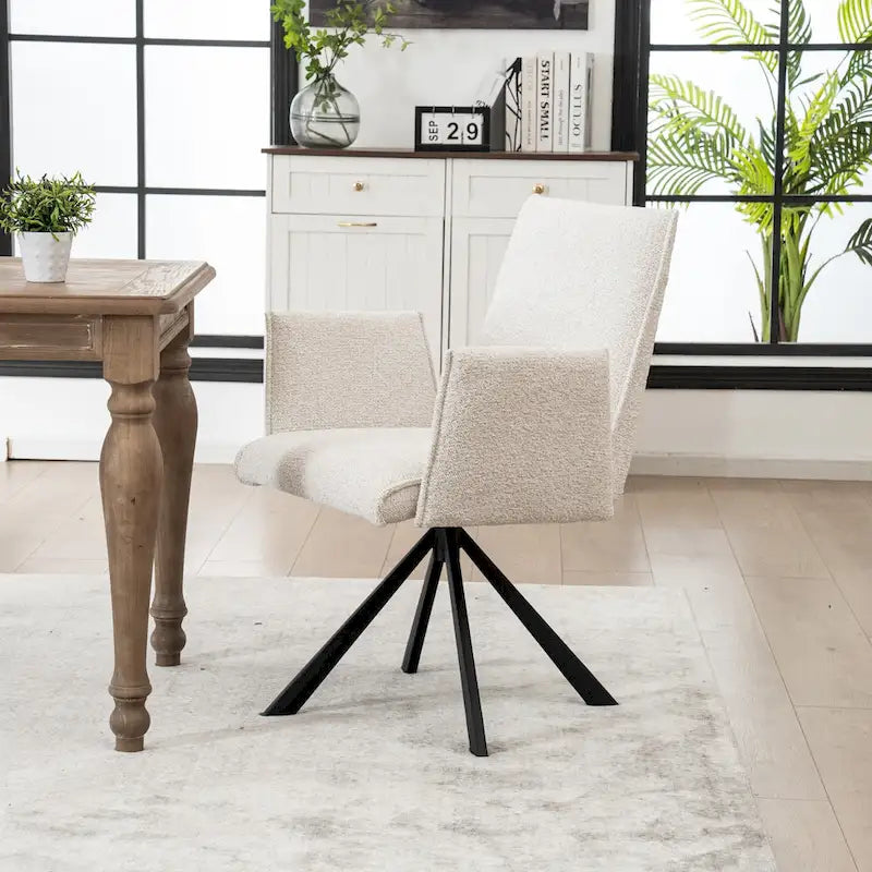 Chaise de salle à manger pivotante en bouclette beige/vert avec accoudoirs ouverts, vendue à l'unité ou par lot de 2