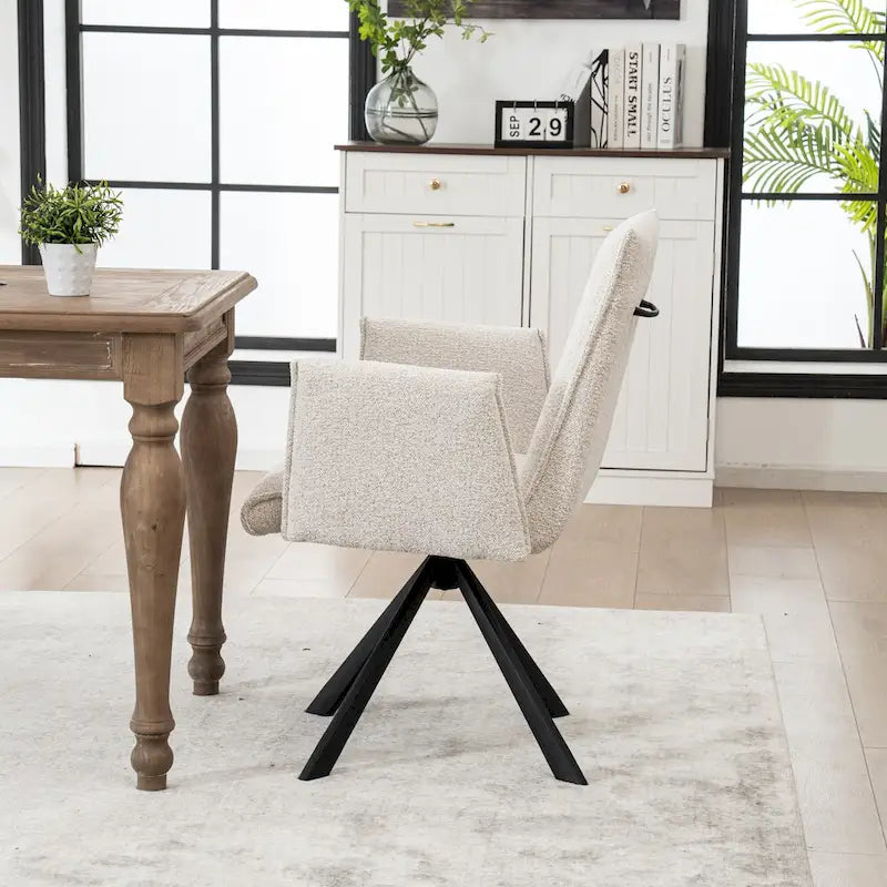 Chaise de salle à manger pivotante en bouclette beige/vert avec accoudoirs ouverts, vendue à l'unité ou par lot de 2