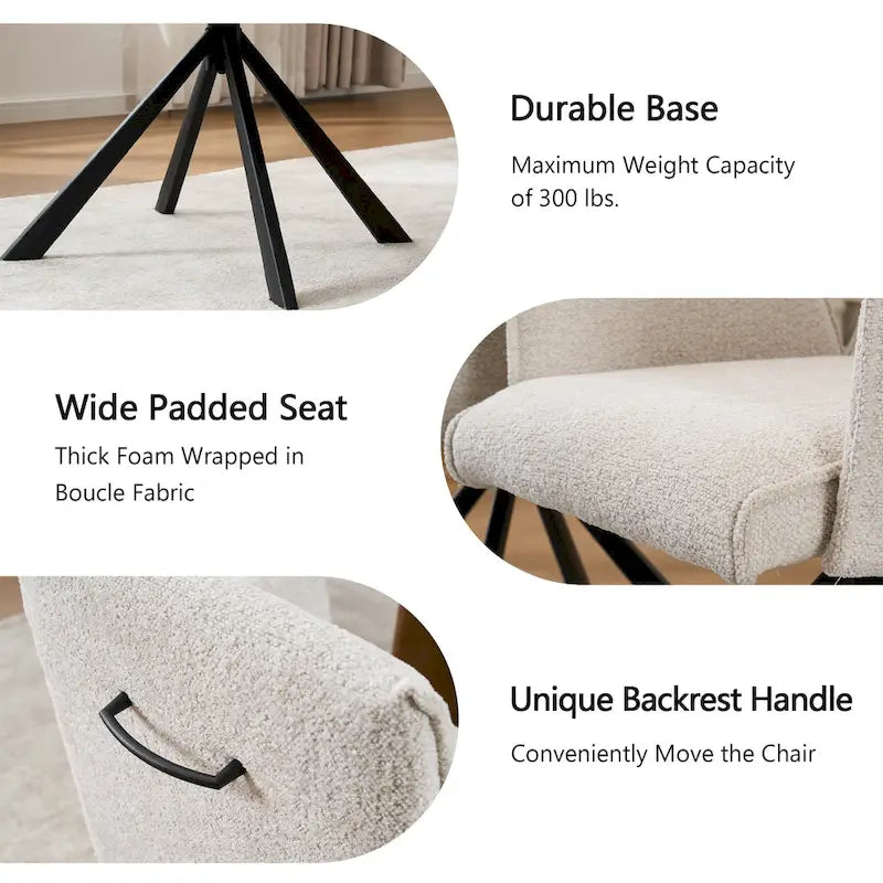 Chaise de salle à manger pivotante en bouclette beige/vert avec accoudoirs ouverts, vendue à l'unité ou par lot de 2