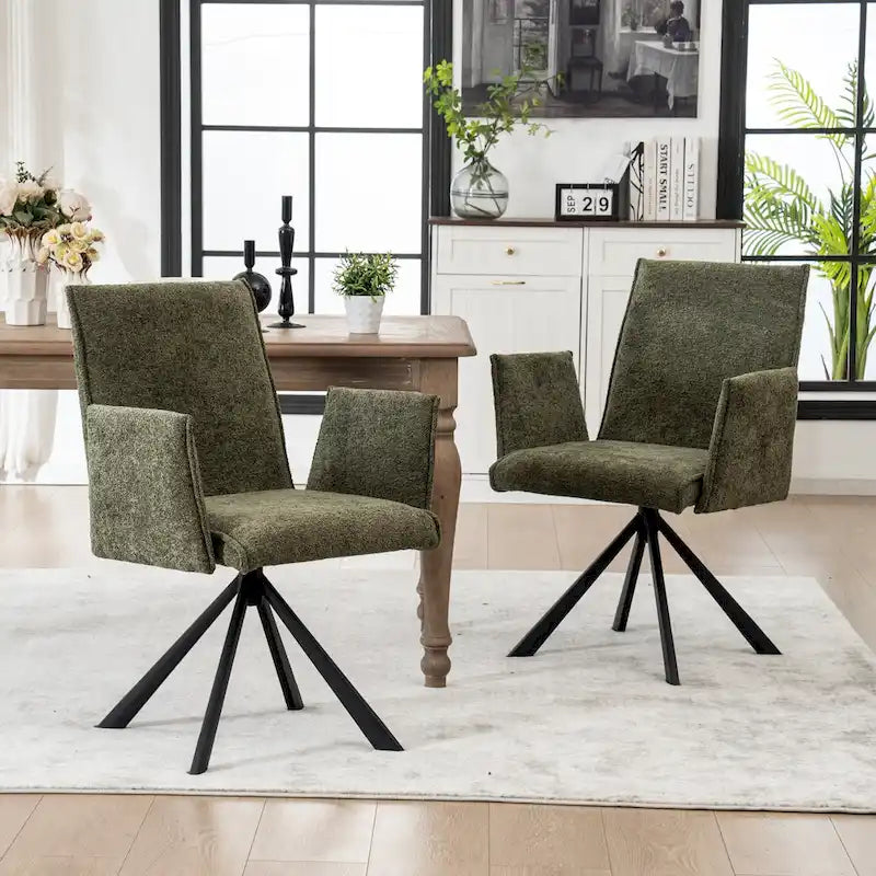 Chaise de salle à manger pivotante en bouclette beige/vert avec accoudoirs ouverts, vendue à l'unité ou par lot de 2