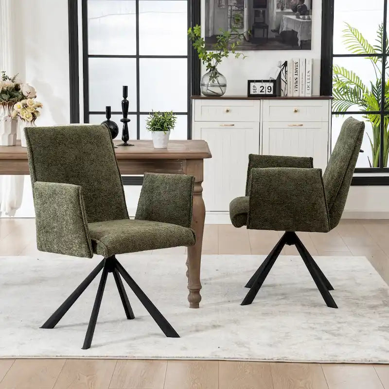 Chaise de salle à manger pivotante en bouclette beige/vert avec accoudoirs ouverts, vendue à l'unité ou par lot de 2