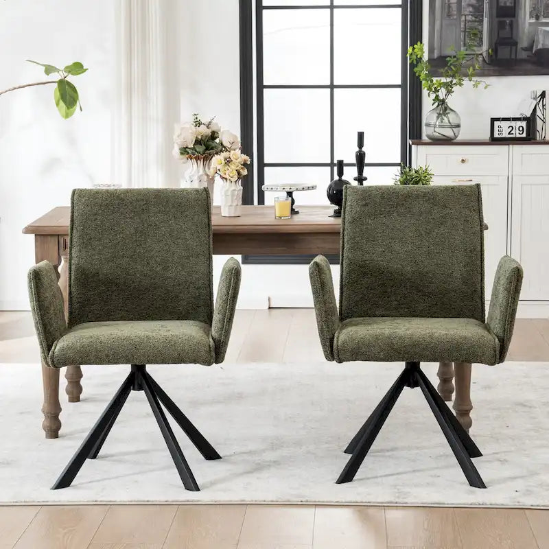 Chaise de salle à manger pivotante en bouclette beige/vert avec accoudoirs ouverts, vendue à l'unité ou par lot de 2