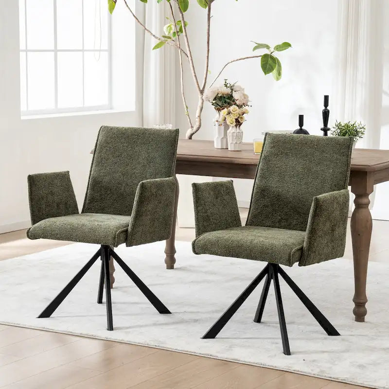 Chaise de salle à manger pivotante en bouclette beige/vert avec accoudoirs ouverts, vendue à l'unité ou par lot de 2