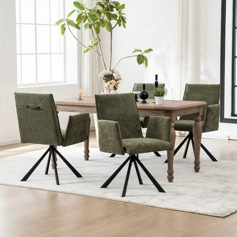 Chaise de salle à manger pivotante en bouclette beige/vert avec accoudoirs ouverts, vendue à l'unité ou par lot de 2