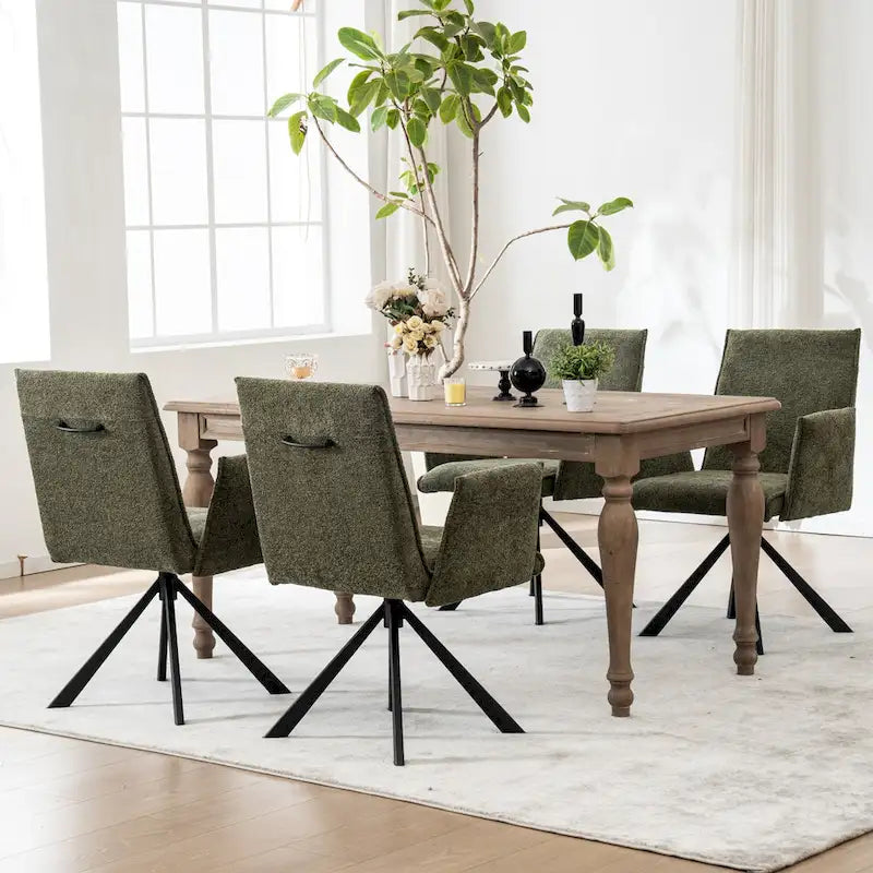 Chaise de salle à manger pivotante en bouclette beige/vert avec accoudoirs ouverts, vendue à l'unité ou par lot de 2