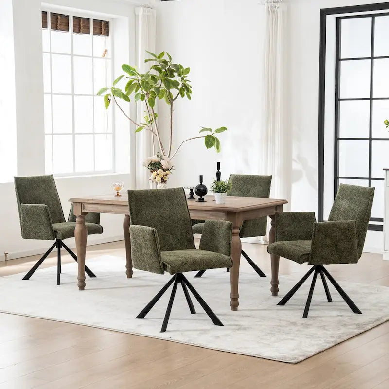 Chaise de salle à manger pivotante en bouclette beige/vert avec accoudoirs ouverts, vendue à l'unité ou par lot de 2