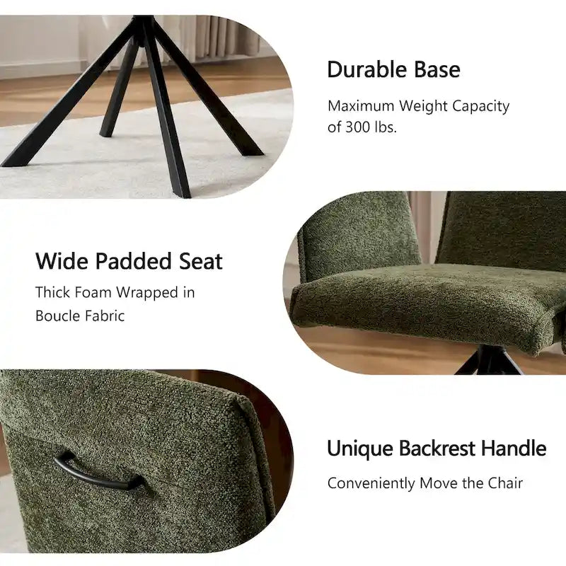 Chaise de salle à manger pivotante en bouclette beige/vert avec accoudoirs ouverts, vendue à l'unité ou par lot de 2
