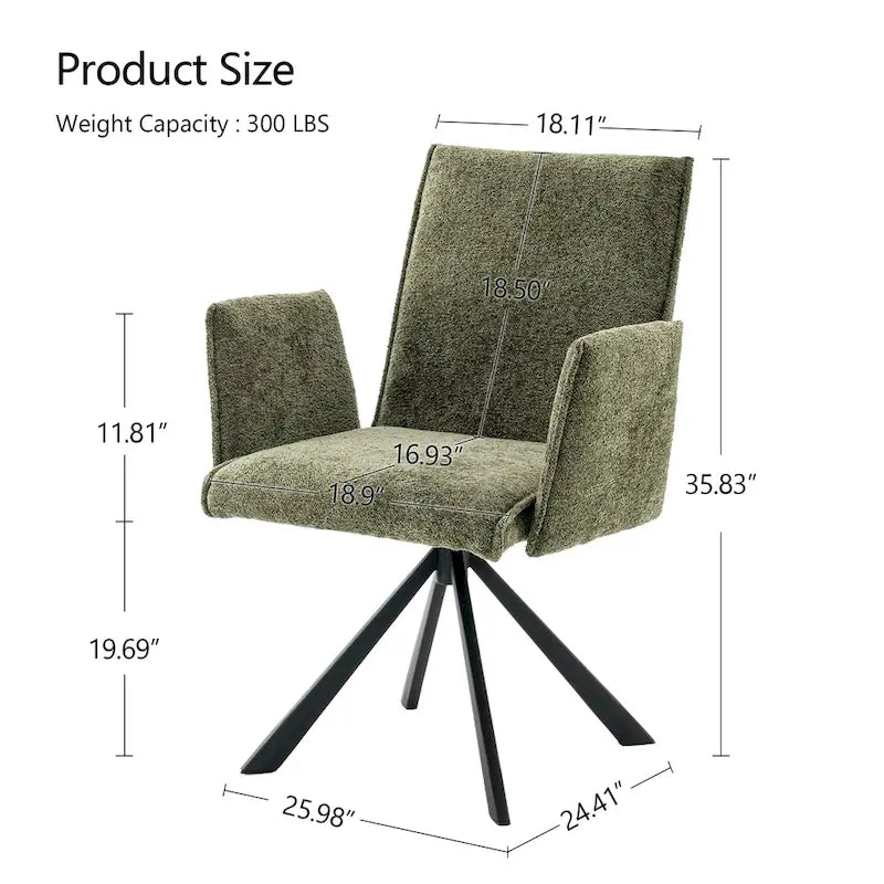 Chaise de salle à manger pivotante en bouclette beige/vert avec accoudoirs ouverts, vendue à l'unité ou par lot de 2