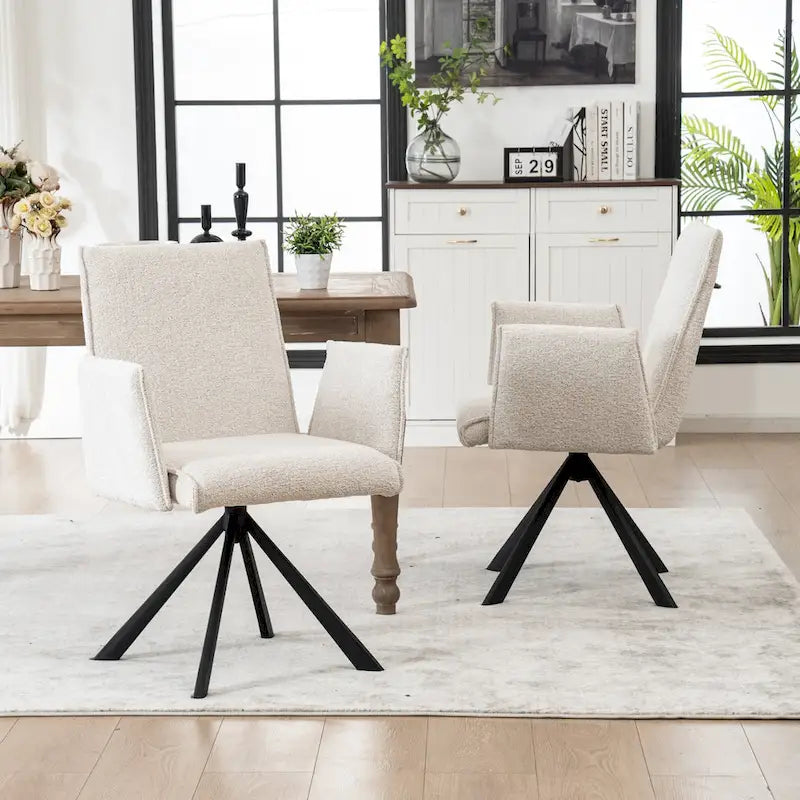 Chaise de salle à manger pivotante en bouclette beige/vert avec accoudoirs ouverts, vendue à l'unité ou par lot de 2