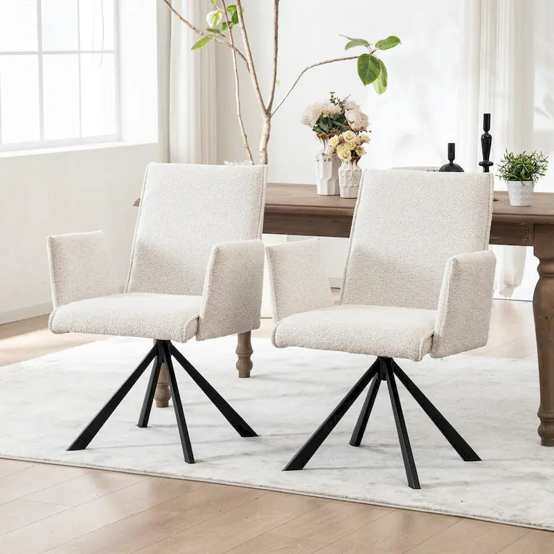 Chaise de salle à manger pivotante en bouclette beige/vert avec accoudoirs ouverts, vendue à l'unité ou par lot de 2