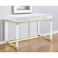 Bureau d'écriture en acier et acrylique transparent/doré, transparent/argenté et argenté avec 2 tiroirs, 1 personne