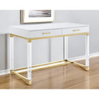 Bureau d'écriture en acier et acrylique transparent/doré, transparent/argenté et argenté avec 2 tiroirs, 1 personne