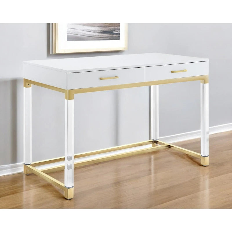 Bureau d'écriture en acier et acrylique transparent/doré, transparent/argenté et argenté avec 2 tiroirs, 1 personne