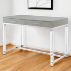 Bureau d'écriture en acier et acrylique transparent/doré, transparent/argenté et argenté avec 2 tiroirs, 1 personne