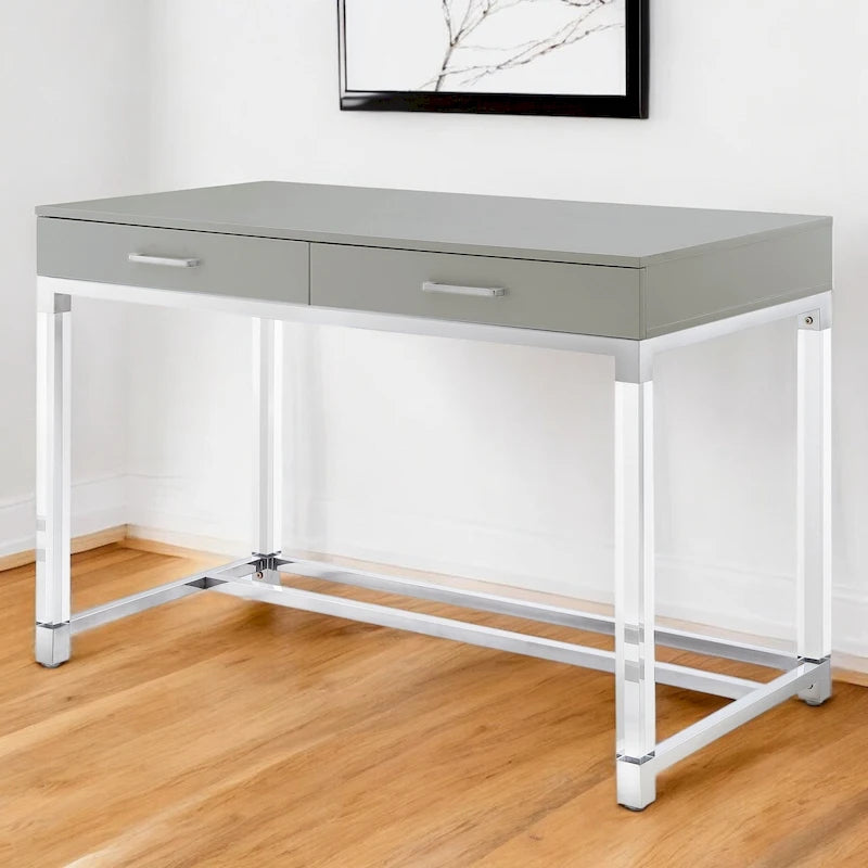 Bureau d'écriture en acier et acrylique transparent/doré, transparent/argenté et argenté avec 2 tiroirs, 1 personne