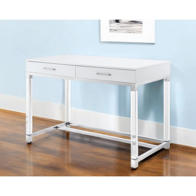 Bureau d'écriture en acier et acrylique transparent/doré, transparent/argenté et argenté avec 2 tiroirs, 1 personne