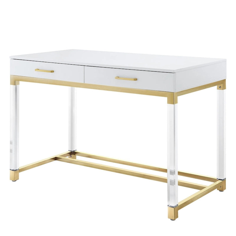 Bureau d'écriture en acier et acrylique transparent/doré, transparent/argenté et argenté avec 2 tiroirs, 1 personne